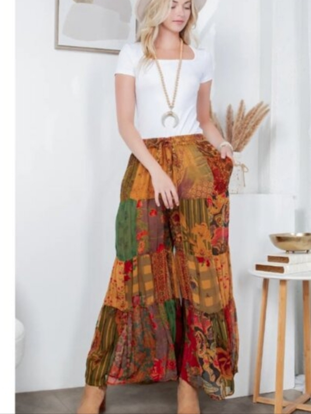 NWT Young Threads Boho Wide Leg Patchwork Pants Medium Orange Green Yellow M
